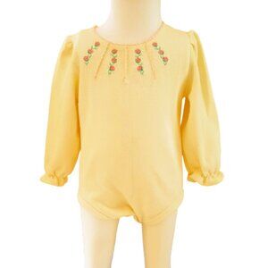Scooters Yellow Embroidered Knit Romper 6-9m Long Sleeve Pink Flowers